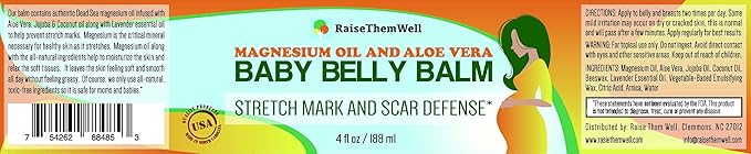 Raise Them Well Natural Belly Balm for Pregnancy with Magnesium Oil, Aloe Vera, Jojoba Coconut and Lavender Oil & Beeswax | 4 fl oz