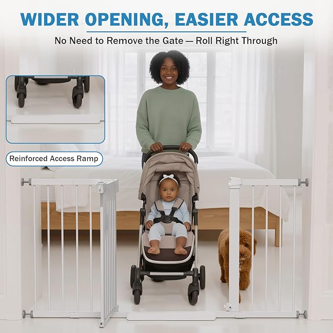 Mumeasy 29.7-57" Extra Wide Baby Gate for Doorways, Auto Close Dog Gate Indoor for Stairs, No-Drill Pressure Mounted Pet Gate with Door, Easy Walk Thru Long&Large Safety Gate for House, Outdoor, White
