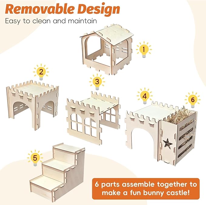 PINVNBY Extra Large Bunny Castle Hideout with Hay Feeder, Wooden Rabbit House Hide Climbing Detachable Indoor Wood Hideaway Castle Tower Tunnel for Rabbit Guinea Pig Hamster Chinchilla Ferret