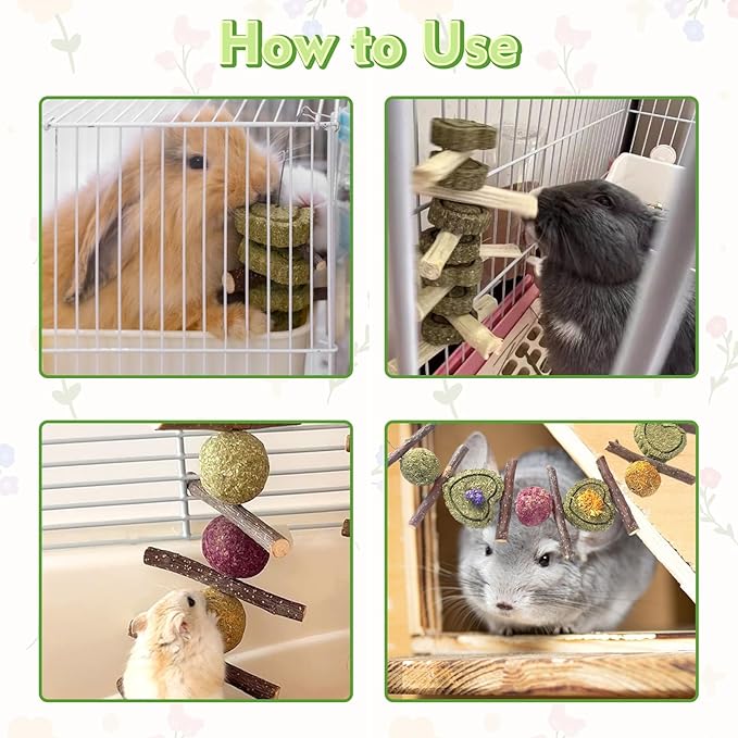 Hamiledyi 4PCS Bunny Chew Toys Rabbit Toys for Teeth Grinding Natural Fruit Sticks Organic Timothy Grass Cakes Chew Toys and Treats for Rabbit Bunny Guinea Pig Hamster Chinchilla