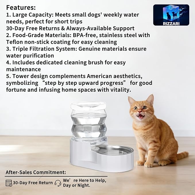 RIZZARI Pet Water Bowl Dispenser: 4L Automatic Stainless Steel Gravity Feeder with Specialized Brush and Triple Filter - Large Capacity for Cats and Dogs with Joint Spine Pain - for Kitchen Bedroom