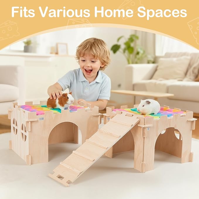Guinea Pig Hideout, Guinea Pigs House with Stairs and Mats Extra Large Guinea Piggy Castle Detachable Hideouts for Small Animals Wooden Guinea Pig Habitats with Multiple Doors and Windows