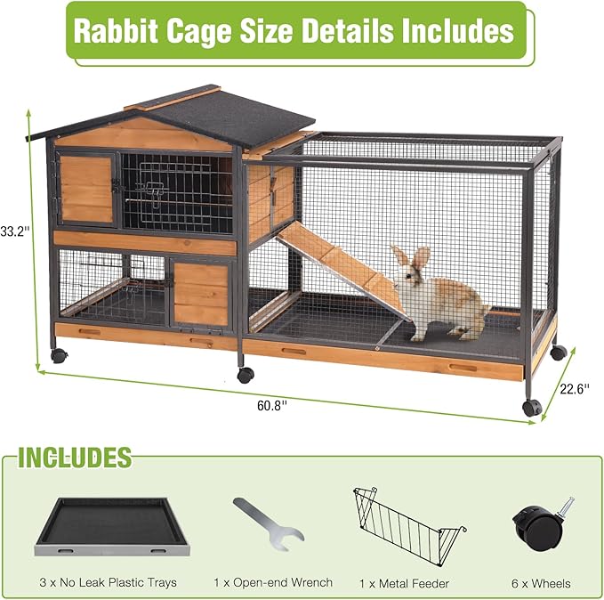 Rabbit Hutch with Chew Proof Metal Frame Indoor and Outdoor, Mobile Rabbit Cage with Wheels, Large Bunny Cage with Leakproof Trays and Waterproof Roof for Guinea Pig, Small Animals (Orange)