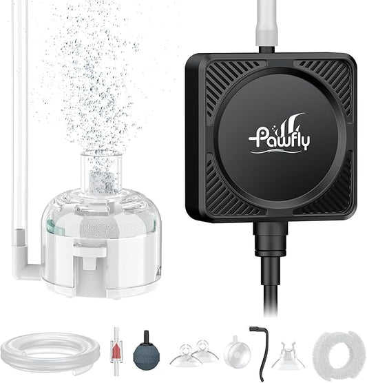 Pawfly Mini Aquarium Air Pump, Ultra Quiet Oxygen Aerator Kit for 1-15 Gallon Fish Tanks with Air Tubing, Air Stone, Check Valve & Suction Cups