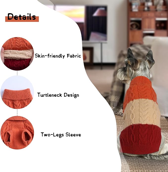 DELIFUR Color Block Cat Sweater - Knitted Turtleneck Cat Knitwear Warm Dog Coats with Classic Cable Fall Winter Clothes for Cat Puppy Chihuahua Girl (Orange, Small)