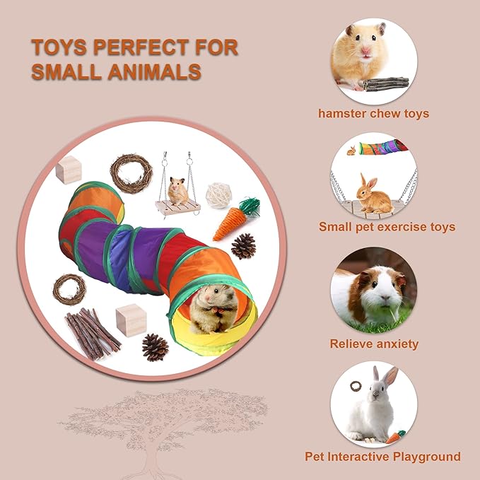 Small Animal Toys for Hamsters, Rabbits, Squirrels, and Guinea Pigs, Natural Wooden chew Toys That can Improve Learning and Relieve Anxiety, 11-Pack