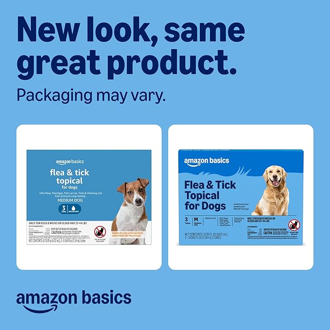Amazon Basics Flea and Tick Topical Treatment for Dogs, Medium Dog (23-44 lbs), Fast Acting and Long Lasting, 3 Counts, Packaging May Vary
