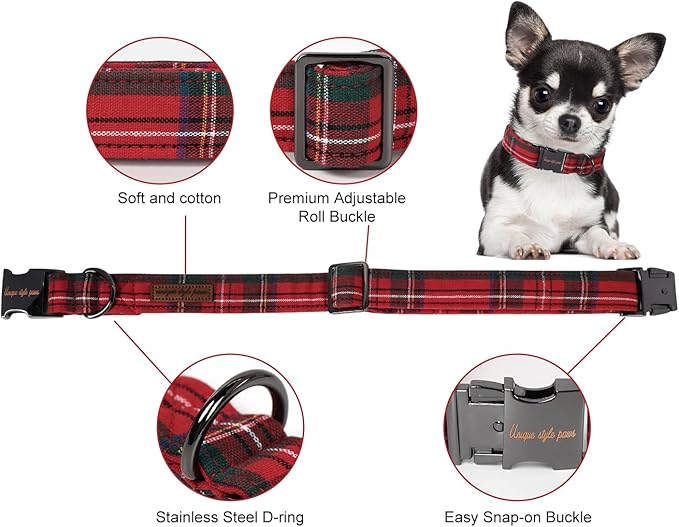 Unique style paws Dog Collar Metal Buckle Puppy Collar for Winter Christmas Red Plaid for Small Medium Large Boys Girls Dogs