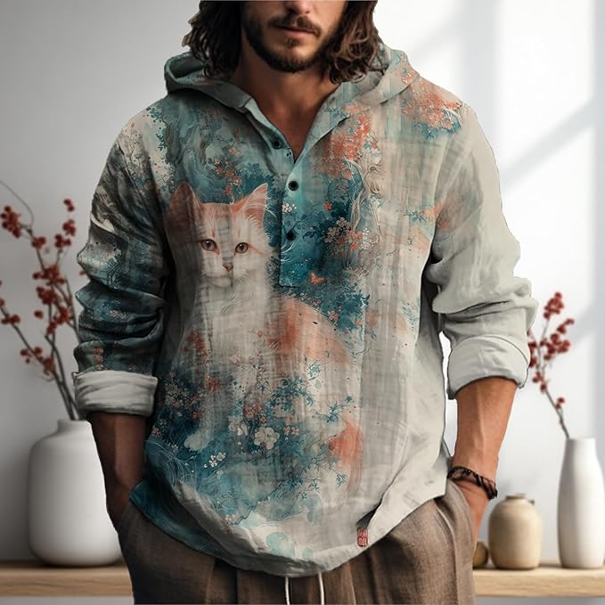 MARSVOVO Japanese Art Animal Hooded Shirt for Men Long Sleeve Quarter Button Lightweight Hoodie Cool Streetwear Tops