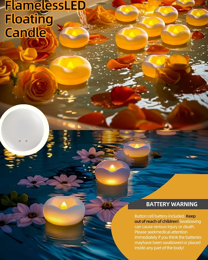 24 x 2”Floating Candle, 200 Hour Water Activated Warm White Battery Powered Flameless LED Floating Candle Floating for centerpieces/Bathtub/Pool/Fountain