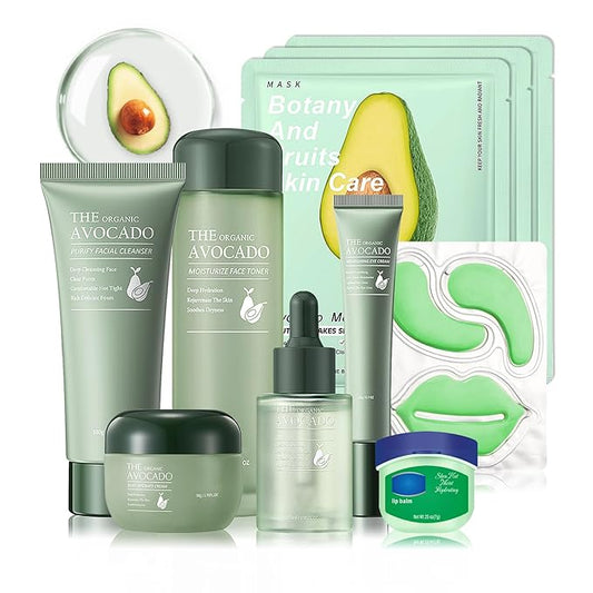 10 Pcs Avocado Skin Care Set with Facial Cleanser,Toner,Face Serum,Face Cream,Eye Cream,Moisturizing Lip Balm,Under Eye Patch and Lip Mask,Hydrating Face Sheet Masks Skin Care Facial Kit for Women
