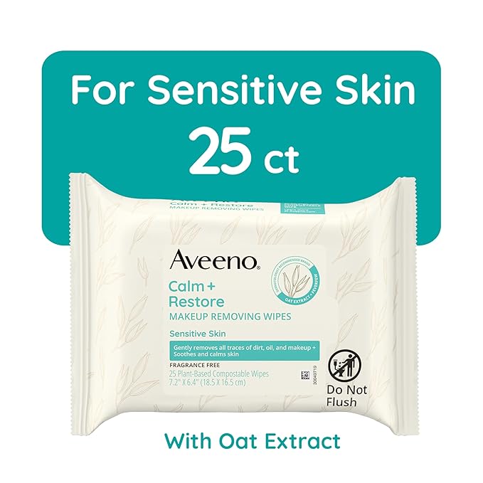 Aveeno Sensitive Skin Essentials Gift Set with Daily Moisturizing Lotion, Body Wash, Calm + Restore Makeup Removing Wipes, & Skin Relief Repairing Hand Mask, 4 Items