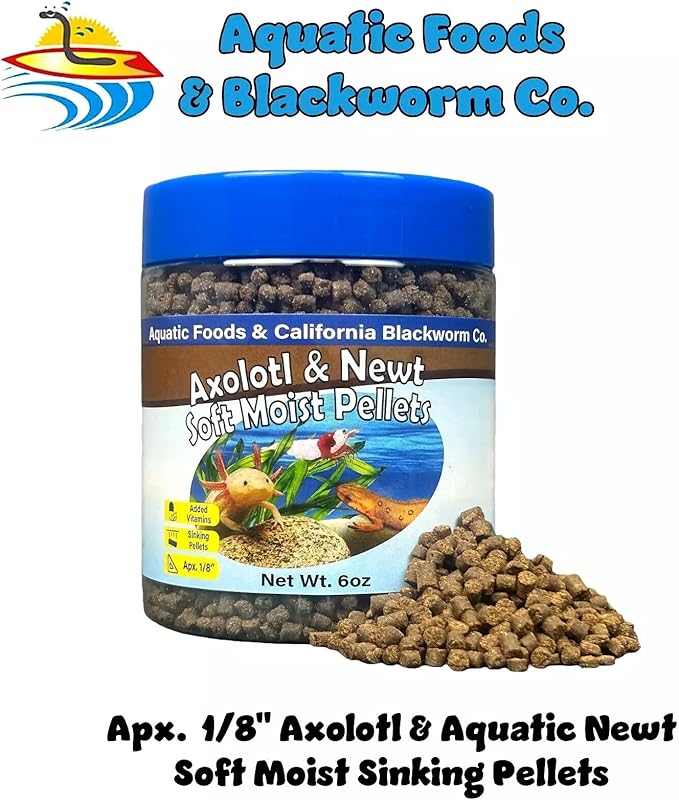 Aquatic Foods Inc. Axolotl Pellet Food 1/8" Soft Moist Sinking Pellets for Juvenile Axolotl Also Shrimp, Snails, Crayfish, Bottom Tropical Fish, Blackworm Pellets Included 6oz Canister