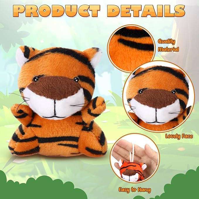 HooLing 100 Pcs Small Tiger Stuffed Animals Mini Jungle Animals Keychains Plush Toys Bulk Cute Forest Plushies for Kid Adults Valentines Holiday Birthday Party Favors Goodies Fillers Carnival Prize