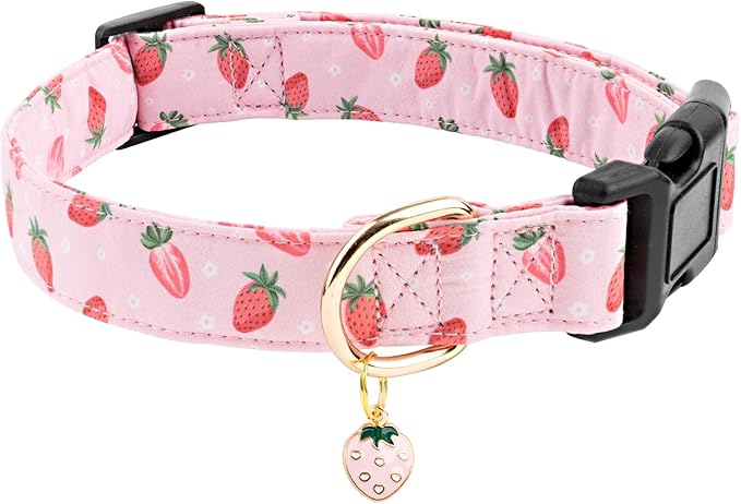 Faygarsle Pink Strawberry Print Cotton Dog Collar for Small, Medium, Large Boys Girls Dogs M