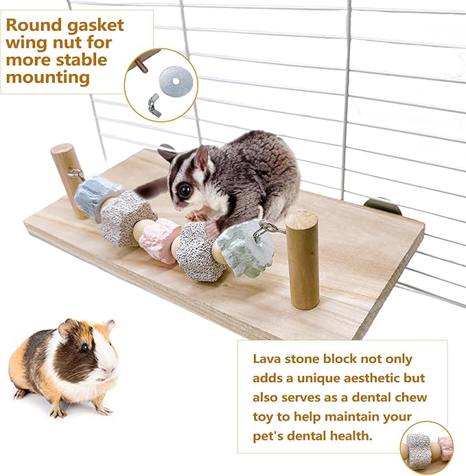 Hamiledyi Large Syrian Hamster Wood Ledge Platform with Lava Stone Block Chew Toys Chinchilla Cage Resting Wooden Shelf for Guinea Pig Rat Mouse