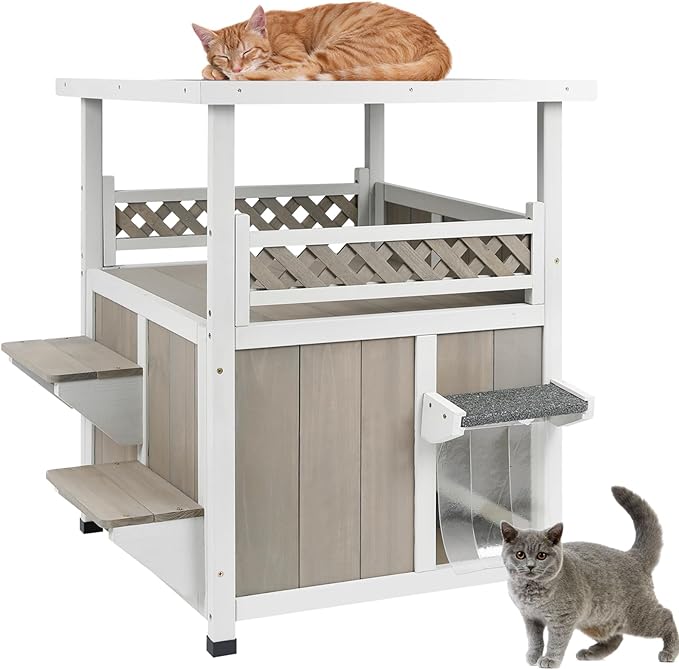 PetsCosset Outdoor Cat House 2 Story Wooden Houses for Outside Feral Cats Weatherproof Indoor Cat Condo with Large Balcony 2 Escape Doors to Enhanced Safety, Easy Slide Bottom, Simple Assembly