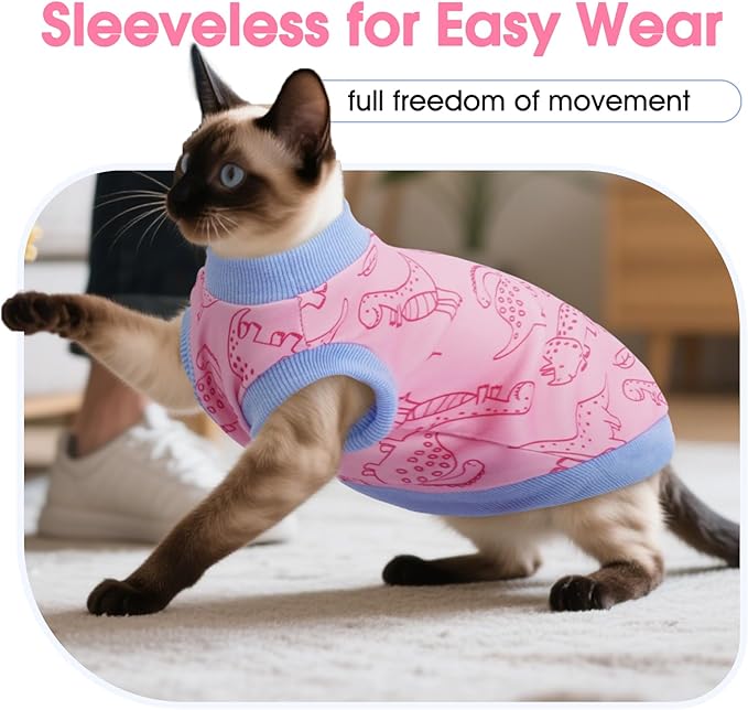 DENTRUN Sleeveless Cat Vest with Dinosaur Print, Breathable Ultra-Soft Dralon Fleece Cat Sweater, All-Season Pet Costume Apparel for Cats, Kitten Clothing for Indoor/Outdoor, Pink, XL