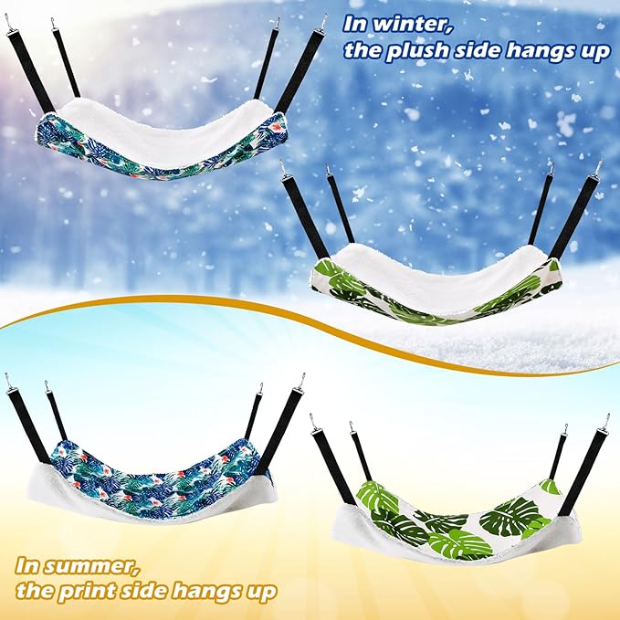 2 Pieces Reversible Cat Hanging Hammock Soft Breathable Pet Cage Hammock with Adjustable Straps and Metal Hooks Double Sided Hanging Bed for Small Dogs Rabbits(Monstera Leaf,L)