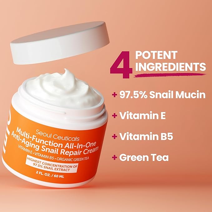 SeoulCeuticals Snail Mucin Moisturizer 97.5% - Korean Skin Care Snail Repair Cream - Day & Night Anti Aging K Beauty Skincare Cruelty Free 2oz (Pack of 2)