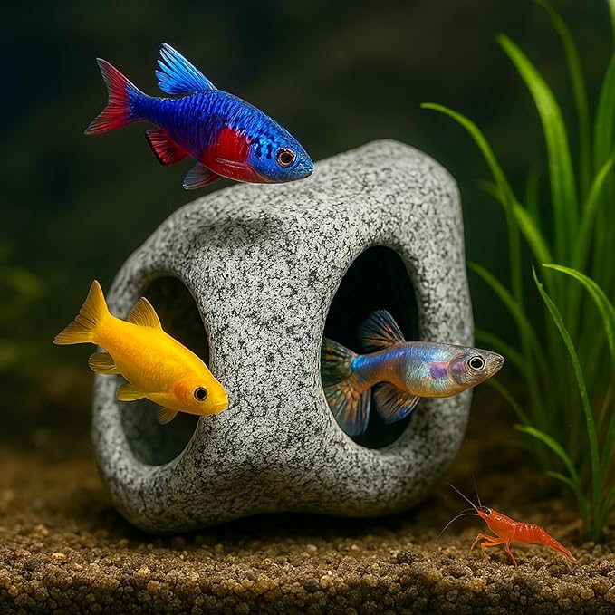 Aquarium Hideaway Rock Cave – Safe and Non-Toxic Ceramic Fish Tank Decorations, Betta Fish Cave and Aquarium Decor for Small Fish to Rest, Hide, and Play, Perfect Natural Tank Ornament