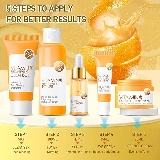 5Pcs Valentines Day Vitamin C Skincare Set, Skin Care for Kids, Skincare Gift Sets with Cleanser, Toner, Serum, Eye Cream, Facial Cream, Skin Care Set for Girls Ages 8-12, Travel Facial Kit for Girls
