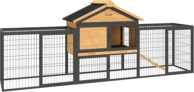 PawHut Rabbit Hutch Outdoor, 85" Large Wooden Bunny Cage with Steel Run, Removable Tray, Waterproof Roof, Ramp, Metal Guinea Pig Cage for 2-3 Small Animals, Rabbits, Chickens, Ducks, Backyard Garden
