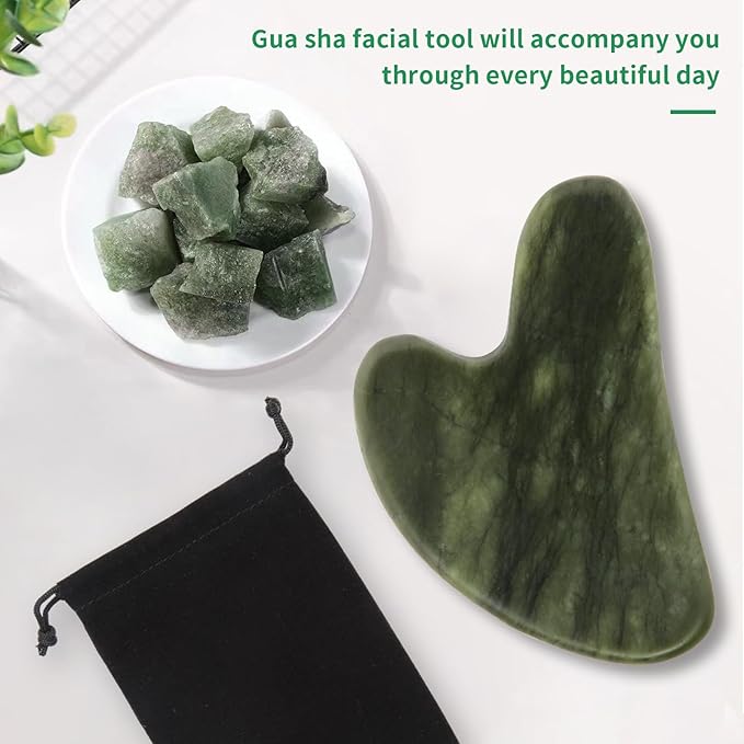 Gua Sha Facial Tools, Natural Jade Guasha Tool for Face,Double Chin & Jawline, Jade Gua Sha Stone Self-Skin Care Face Stone Gua Sha tools for Women Guasha Stone, Dark Green