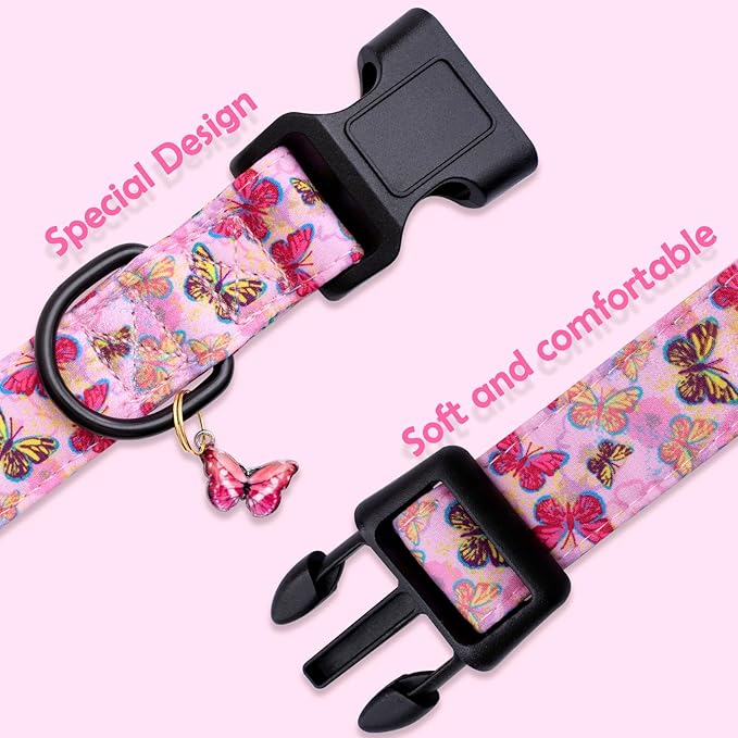 Faygarsle Dog Collar for Small Medium Large Dogs Cute Pink Puppy Collars for Female Dogs Butterfly Patterned Pet Collars for Summer Spring Wedding Puppy Necklace Girl Dog Collar L