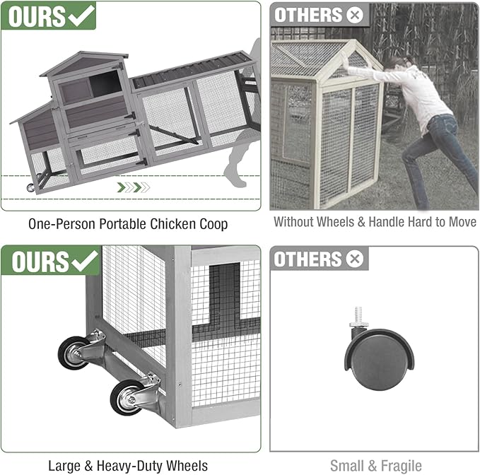 Chicken Coop with Run Large Hen House on Wheels Chicken House Poultry Cage with Nesting Box, Leakproof Pull-Out Tray, Waterproof Roof for 4-6 Chickens (Grey, 80.6" L x 26.6" W x 42.4" H)