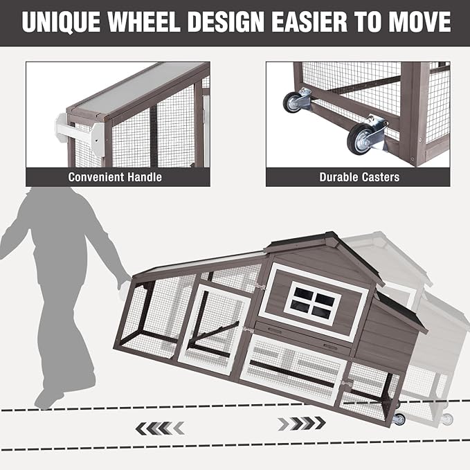 Chicken Coop with Wheels, Mobile Outdoor Chicken House with Leakproof Pull-on Tray, Nesting Box, Waterproof Roof - Brown