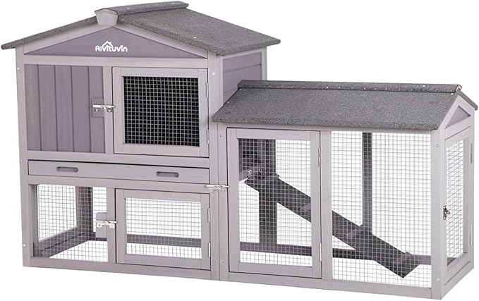 Aivituvin Rabbit Hutch Indoor Bunny Cage Outdoor Chicken Coop Rabbit House Bunny Hutch with Deeper Plastic Tray (Grey02 -one Set)