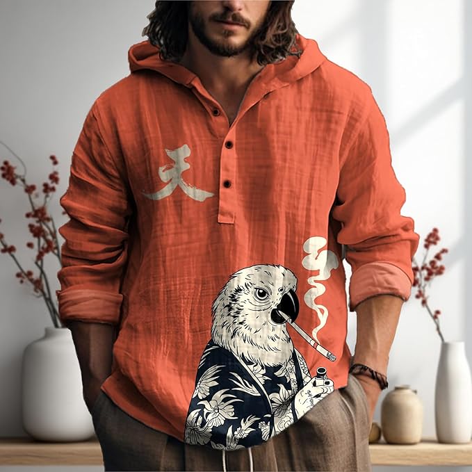 MARSVOVO Japanese Art Animal Hooded Shirt for Men Long Sleeve Quarter Button Lightweight Hoodie Cool Streetwear Tops