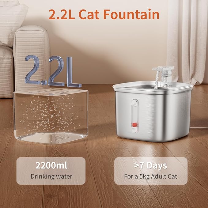 Cat Water Fountain, 2.2L Stainless Steel Automatic Pet Fountains for Drinking with Waterfall Effluent, Super Silent Pet Drinking Dispenser with Float Water Level for Cats, Dogs, Multiple Pets