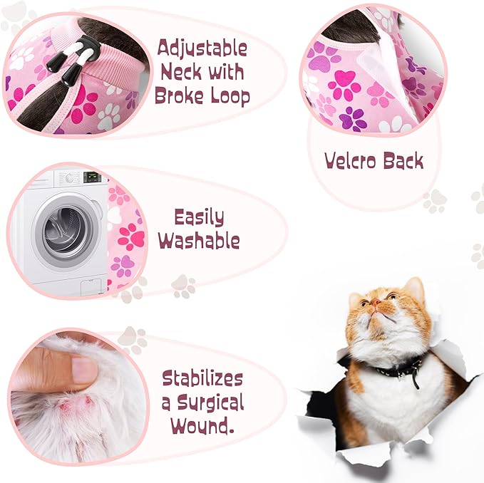 Cat Recovery Suit – Soft Breathable Cat Onesie for Female & Male Cats After Surgery, Spay, Neuter or Wounds, Cat Surgery Suit, Recovery Suit for Cats, Cone Alternative, Pink Paw Print