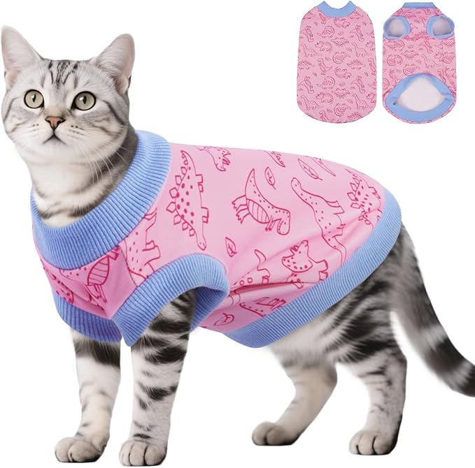 DENTRUN Sleeveless Cat Vest with Dinosaur Print, Breathable Ultra-Soft Dralon Fleece Cat Sweater, All-Season Pet Costume Apparel for Cats, Kitten Clothing for Indoor/Outdoor, Pink, XXL