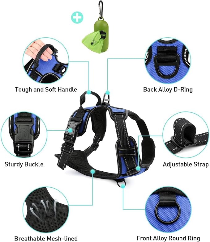 Joytale No Pull Dog Harness Medium Sized Dog, Reflective Pet Vest with Front Clip, Adjustable Soft Padded Harnesses with Easy Control Handle for Training and Walking, Navy Blue, M
