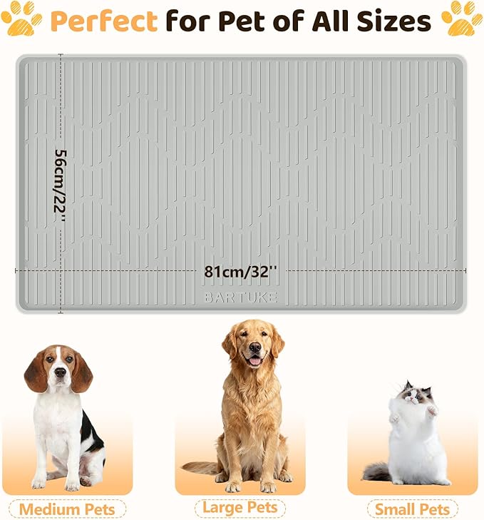 Silicone Cat & Dog Food Mat, 32" x 22" Large Pet Feeding Mat for Cats and Dogs Bowl, Pet Placemat for Food and Water with Raised Edge, Waterproof, Leakproof (Grey)