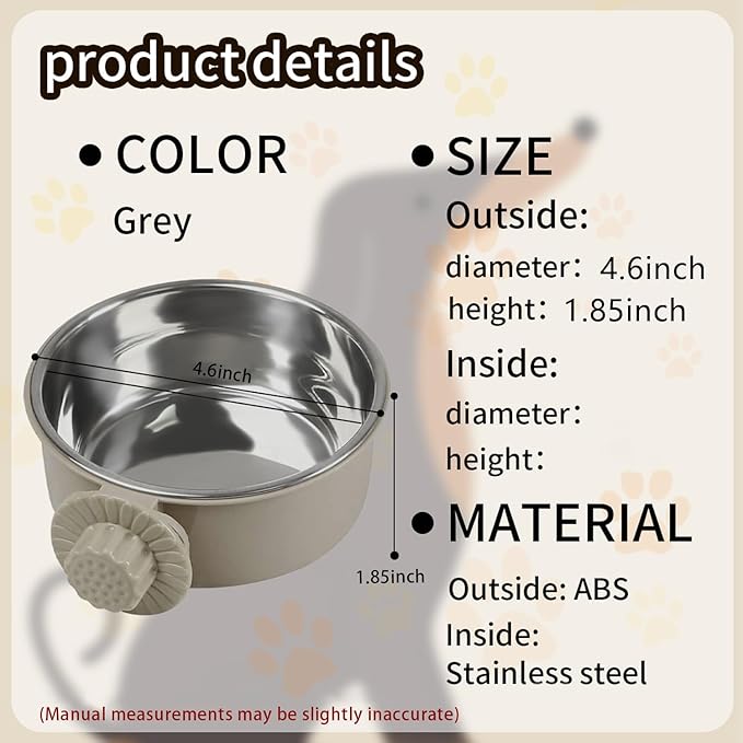 2Pcs Pets Lightweight Stainless Steel Bowl,Removable Stainless Steel Pet Hanging Food Water Feeder Bowl for Puppy Dog Cat Rabbit Ferret Bird Gunea Pigs (Gray, S)