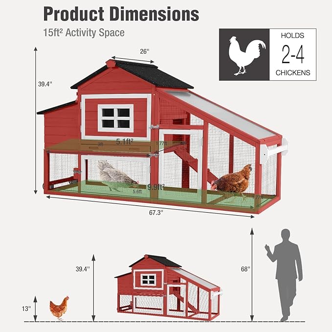Chicken Coop with Wheels, Mobile Outdoor Chicken House with Leakproof Pull-on Tray, Nesting Box, Waterproof Roof - Red