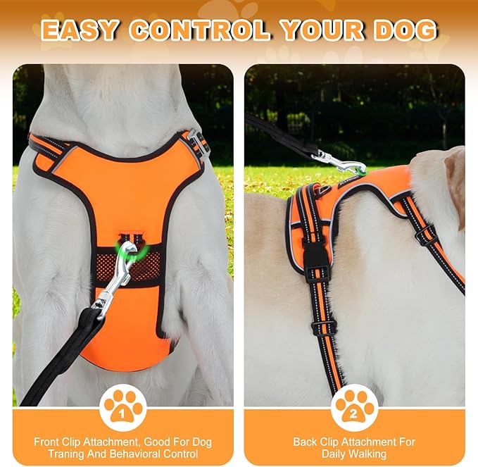 No Pull Dog Harness with 3 Snap Buckles,No Choke Front Lead pet Harness Reflective and Adjustable Soft Padded Vest for Small Medium Large Dog (Orange, Extra Large)