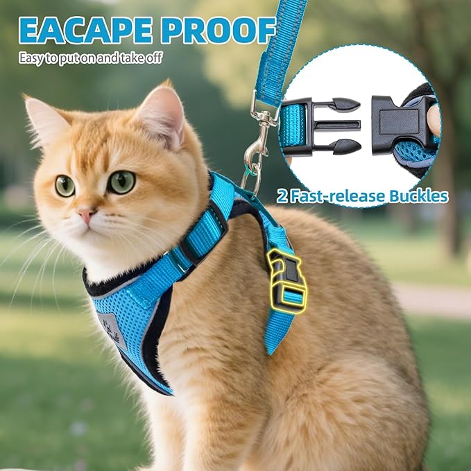 PUPTECK Cat Harness and Leash Set Escape Proof Reflective Cat Walking Harness Adjustable Soft Breathable Mesh Vest for Small Pets, Blue, XS