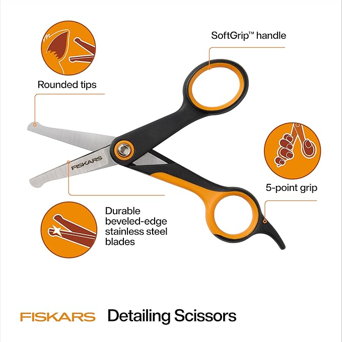 Fiskars Pet Scissors, Dog & Cat Grooming Scissors, Rounded Tips & SoftGrip Handle for Delicate Areas, Cat and Dog Supplies, 5.5”, Orange/Black, Detailing Scissors