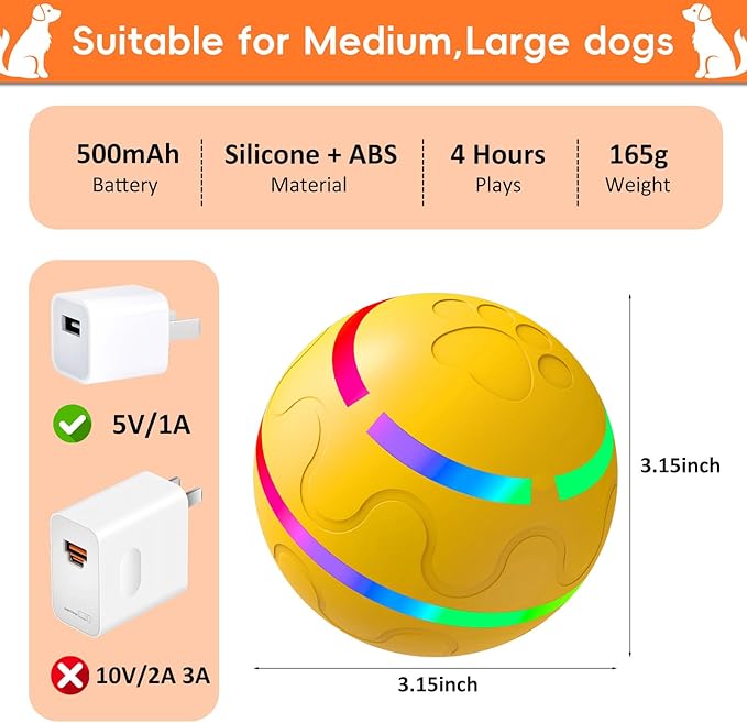 Interactive Dog Ball, Smart Interactive Dog Toys, Automatic Moving Vibrating Bouncing Pet Ball for Medium and Large Dogs, TPU Material, Rechargeable and Waterproof