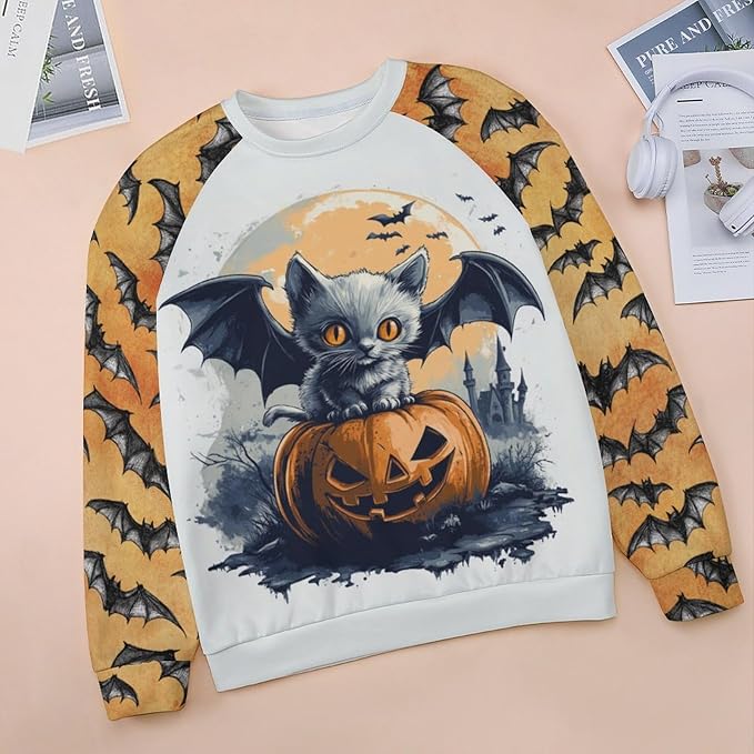 Halloween Sweatshirts for Women Black Cat Print Pullover Crewneck Oversized 2024 Fall Fashion Casual Warm Shirt