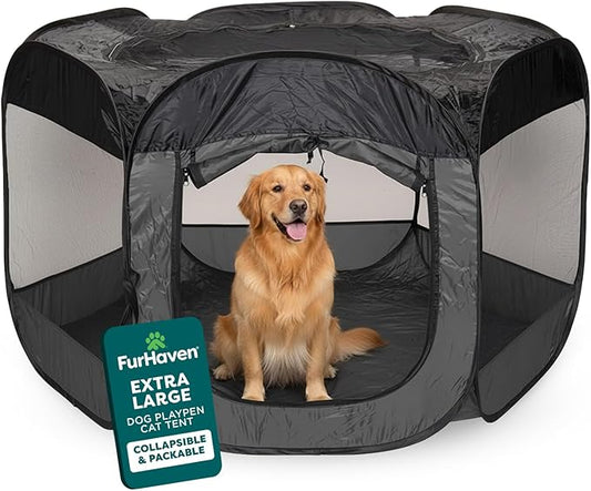 FurHaven Portable Pet Playpen for Dogs & Cats, Extra Large Indoor Kitten Playpen with Mesh Sides, Foldable Dog Playpen for Small Dogs, Pop Up Travel Dog Pen, X-Large, Pet Crate with Mesh Sides, Gray