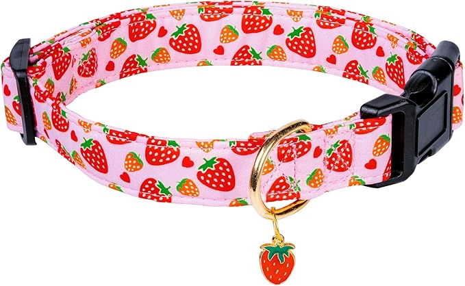 Cute Cotton Dog Collar for Small Medium Large Dogs Special Design Cute Pink Strawberry Dog Collar for Girl Female Dogs Soft Adjustable Strawberry Puppy Collars for Girl Female Dogs Pet Collar