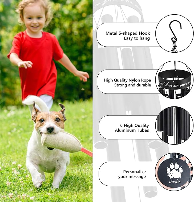 Personalized Memorial Wind Chimes for Outside, Memorial Gifts for Loss of Pet Dog, Sympathy Gifts for Remenberance, 30 inch Deep Tone Wind Chimes