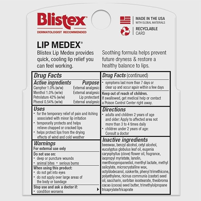 Blistex Lip Medex Stick, 0.15 oz Each, Advanced Hydration, Medicated Relief with Cooling, Soothes and Protects, Restores Healthy Moisture Balance to Lips, 3 Count (Pack of 2)