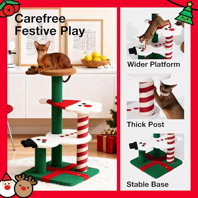 VETRESKA Christmas Cat Tree for Indoor Cats, 38.6" Multi Level Soft-Touch Cat Tower with Scratching Post, Large Scratching Post, Santa Claus, Reindeer and Snowman